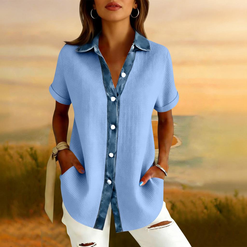 Womens Fashion Color Lapel Short Sleeved Denim Patchwork Button Up Shirt Loose Top