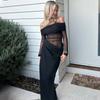 European and American Royal Sister Style Sexy off-Shoulder Mesh Hollow out Long sleeve dress Women Slim fit Hollow out Temperament Black Long dress