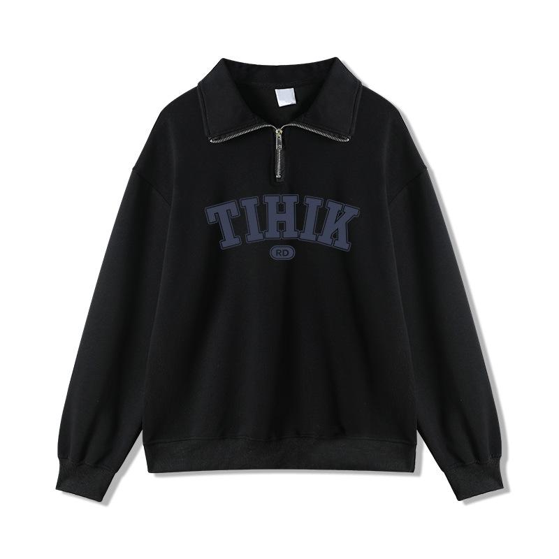 

Women s Oversized Milky Polo Collar Sweatshirt - Early Spring Trend, Half-Zip, Turn-Down Collar, Straight Shoulder Design M (recommended under 100 jin) чёрный