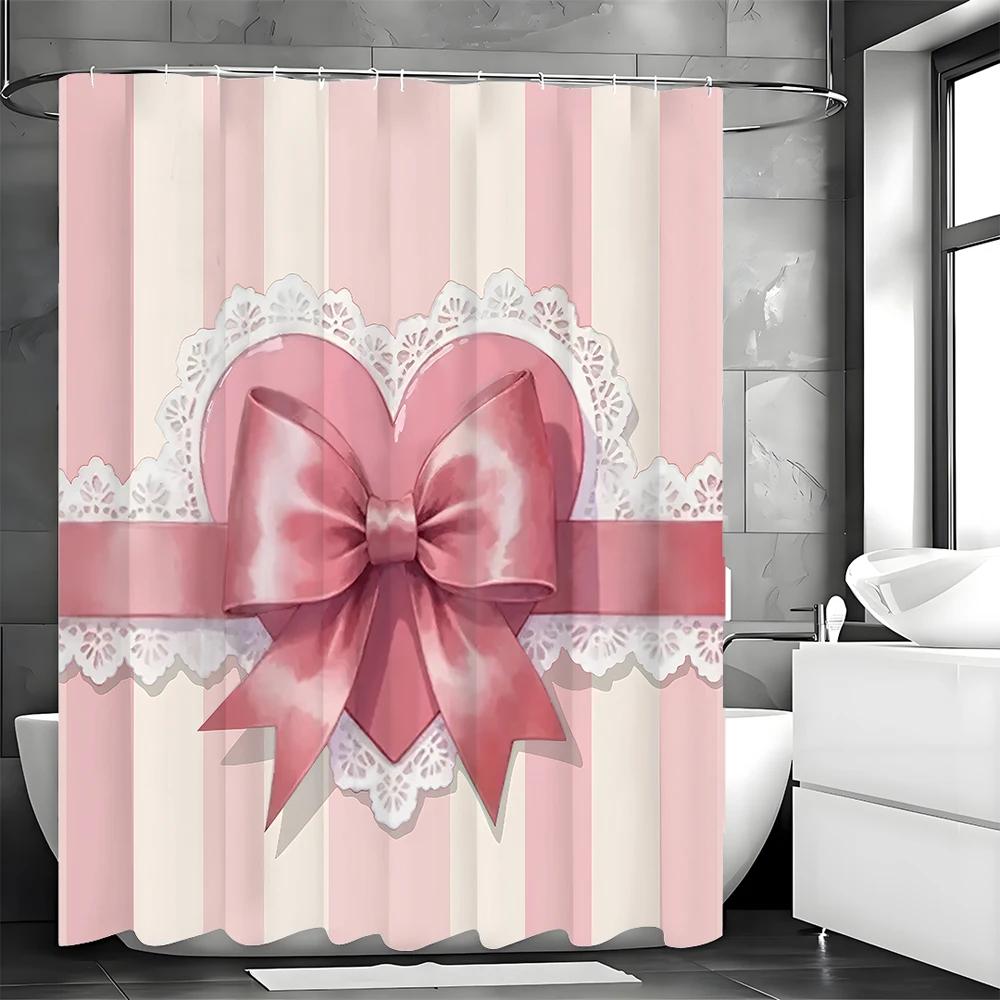 Pink Bow Lace Gift Shower Curtain, Bathroom Decorative Shower Curtain, Waterproof Shower Curtain With Hooks