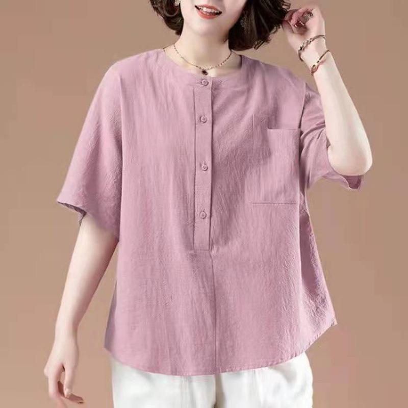 Pure Cotton Short-sleeved Women s Plus Size Summer New Middle-aged Loose Shirt Tops L розовый