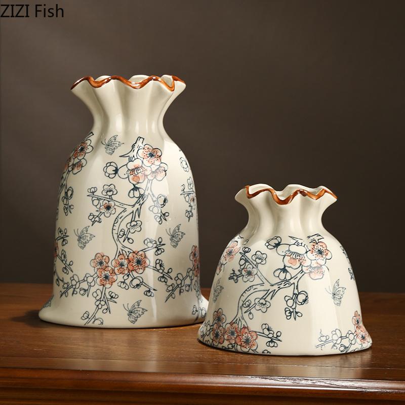 Vintage Floral Texture Ceramic Vase Table Decoration Flower Arrangement Creative Bag Shape Flowers Vases Room Aesthetic Decor