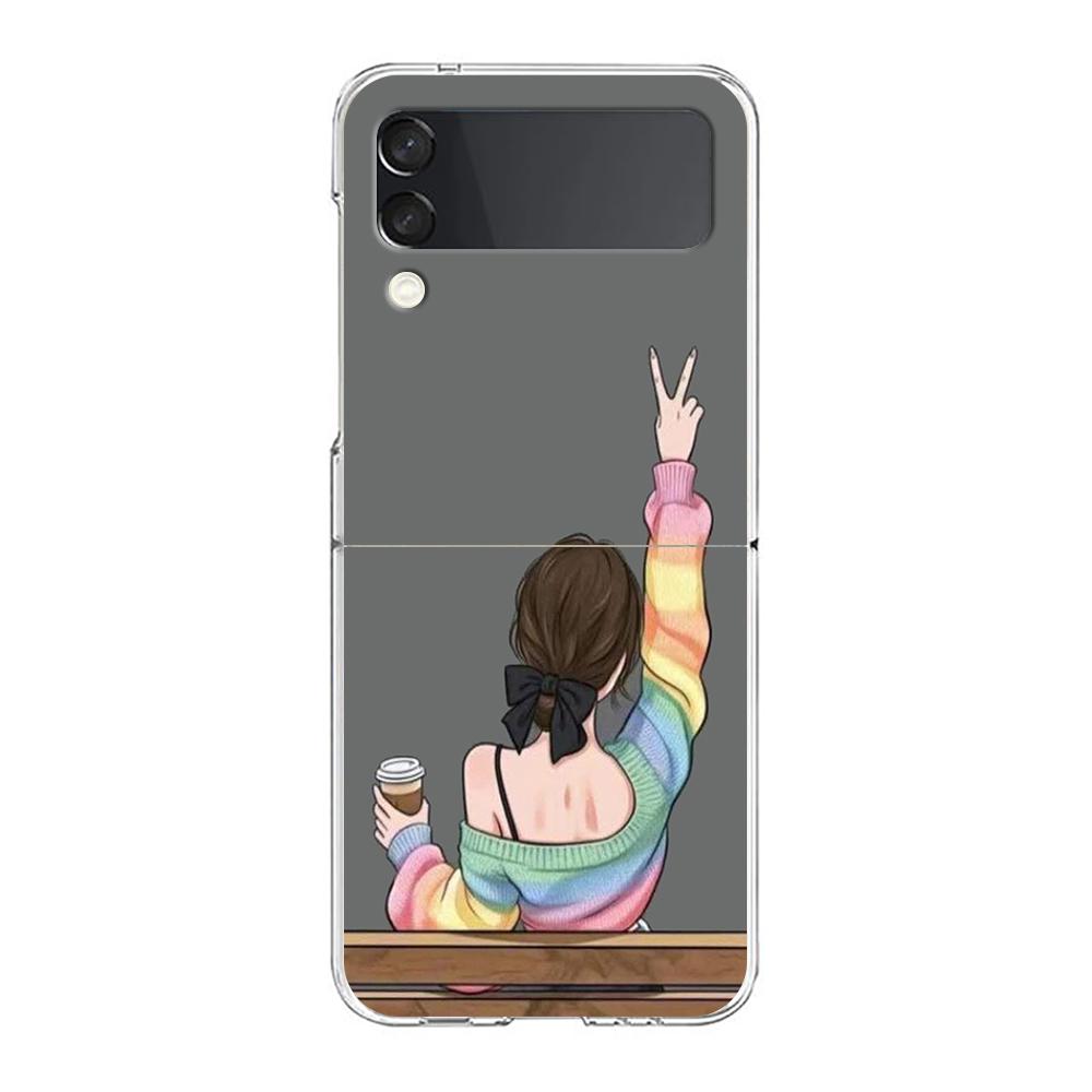 

Phone Case For Samsung Galaxy Z Flip 7 6 5 4 3 Clear Hard Folding Cover For Samsung Z Flip6 Flip5 Flip4 Girl Boss Female Coffee Galaxy Z Flip 3