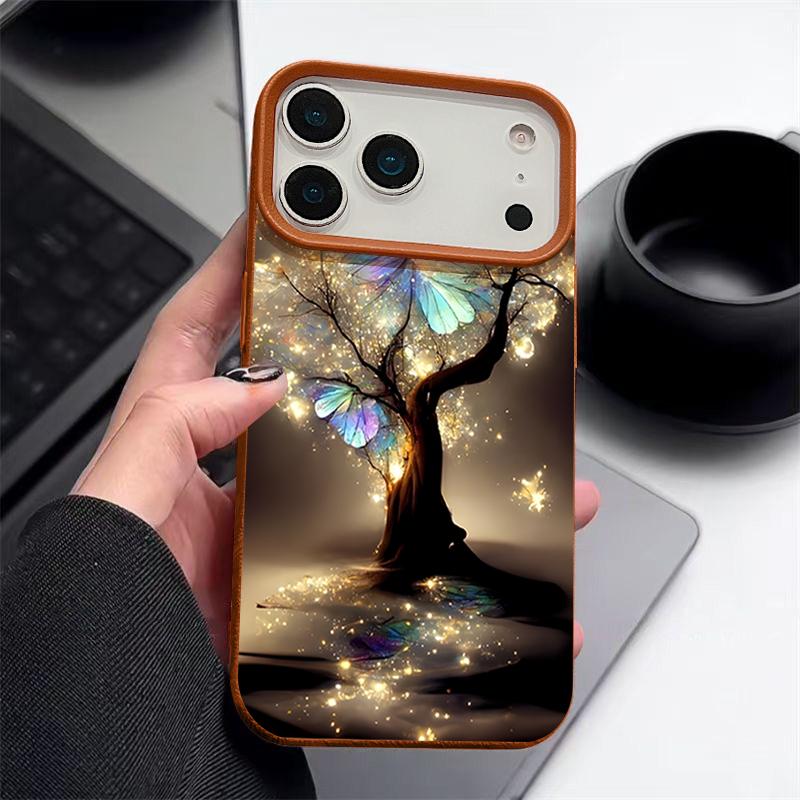 Shining Fantasy Tree Butterfly Pattern Case For iPhone 17 Pro Max iPhone 16 Pro Max 15 14 13 12 11 16E Air Luxury Leather Texture Silicone Cover
