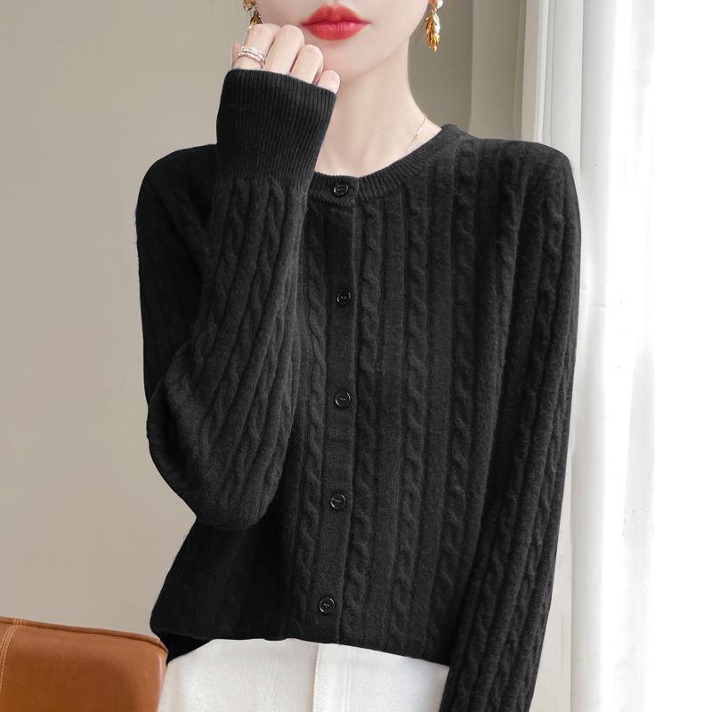 White Cable Knit Cardigan Coat - Women's Korean Slim Fit, Autumn Long Sleeve Sweater