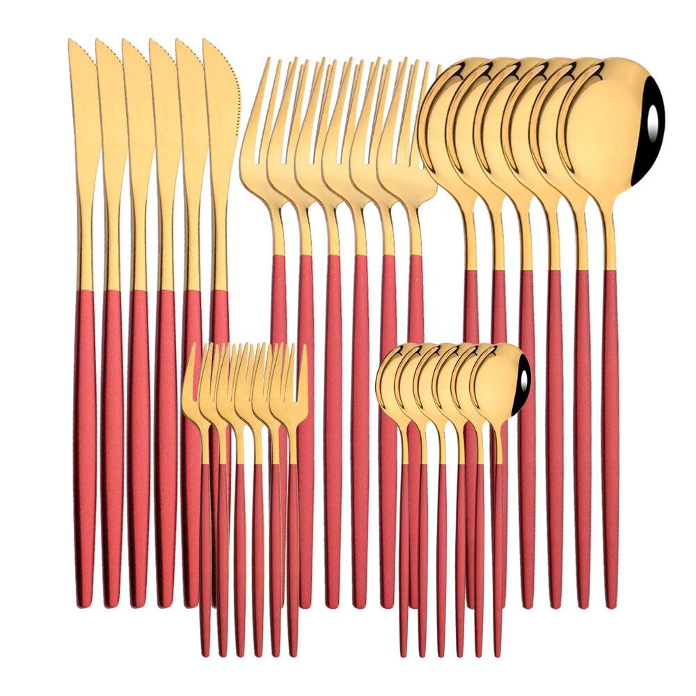 30pcs Gold Dinnerware Set Stainless Steel Cutlery Set Steak Knife Fork Coffee Spoon Flatware Cake Fork Teaspoon Silverware Western Kitchen Tableware