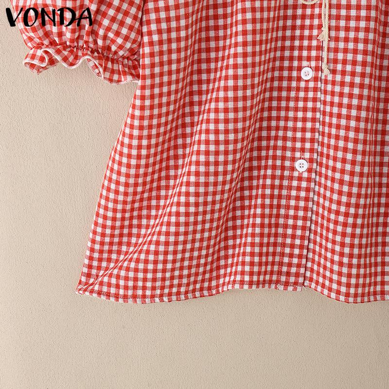 VONDA Camicetta estiva da donna, a maniche corte, senza spalline, in pizzo patchwork, con stampa scozzese