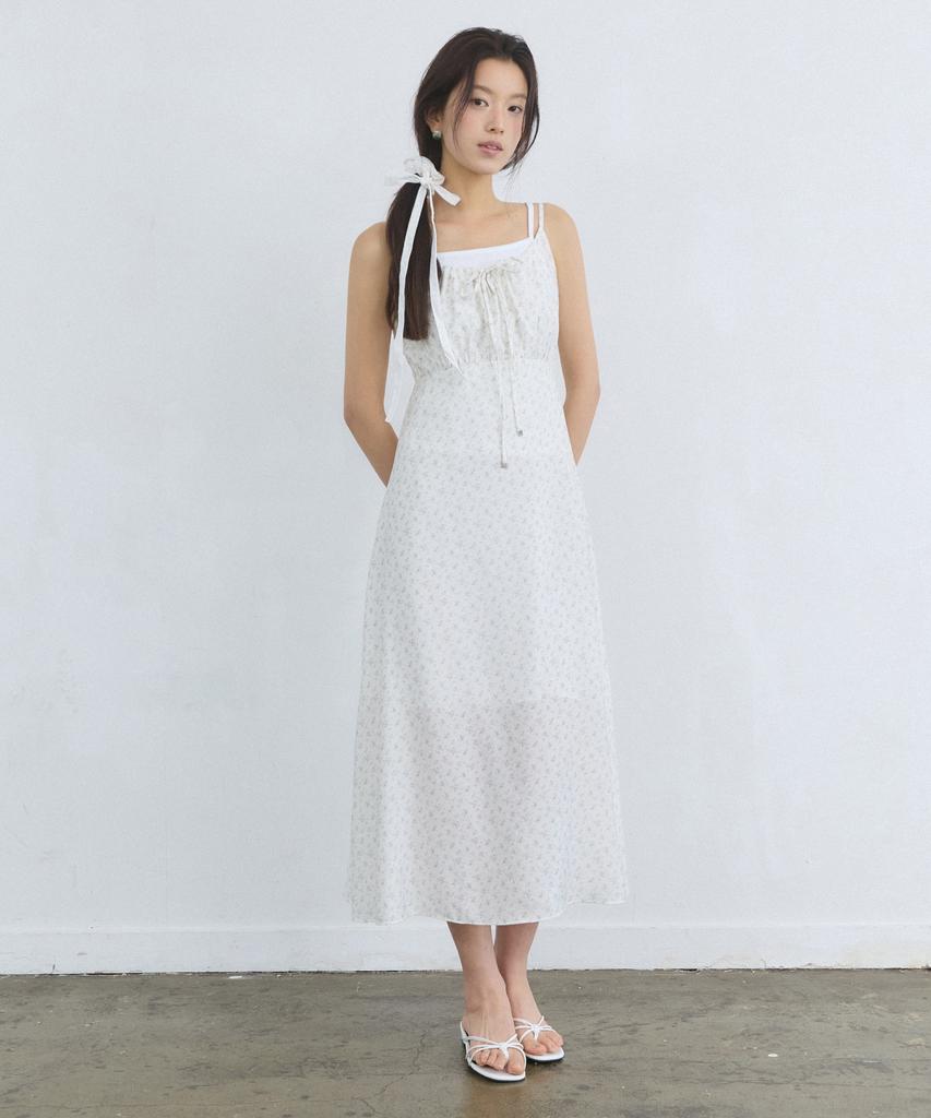 Adowl Vintage Pattern Shirring Ribbon Dress - White
