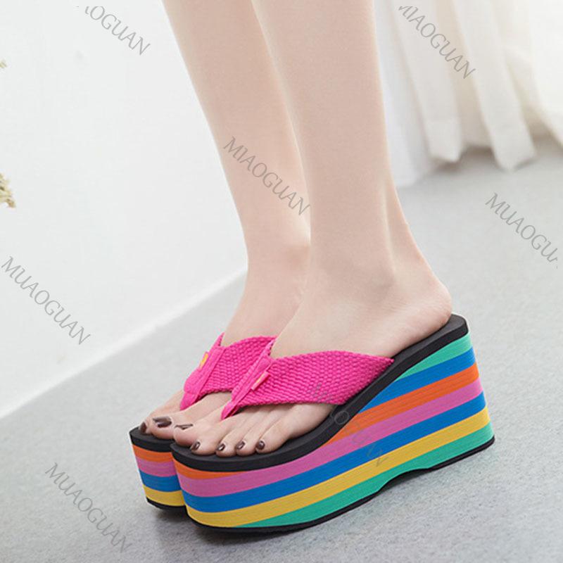Mode Damen Plateau Flip Flops Sommerschuhe Mode 10cm Super High Heels Regenbogen Dicke Sohle Sandalen Slipper Freizeit Strand Pantoletten
