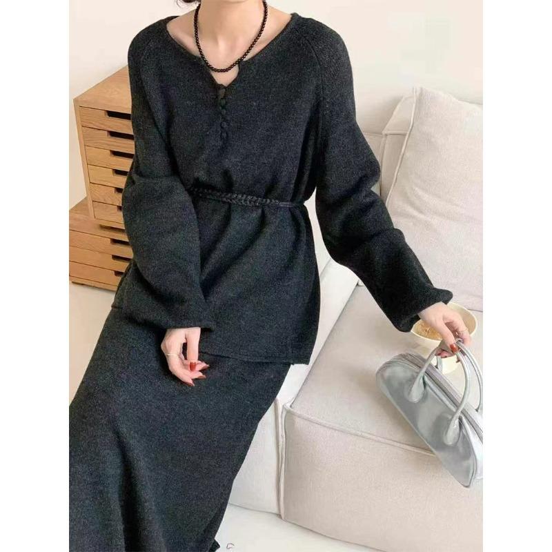 Half-open neck breasted lace-up design two-piece set autumn and winter new casual skirt + knitted sweater set women