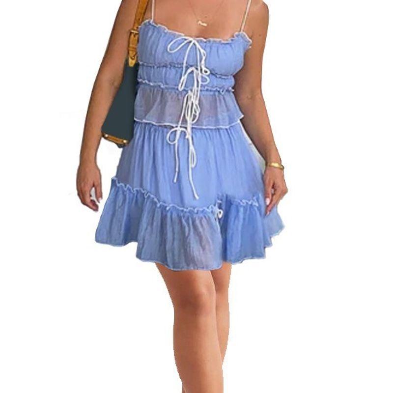 

Elegant Special Women s Clothing Fashion Fresh Two-Piece Suit Strappy Bow Short Tops Ruffles Skirt Outfit Blue L