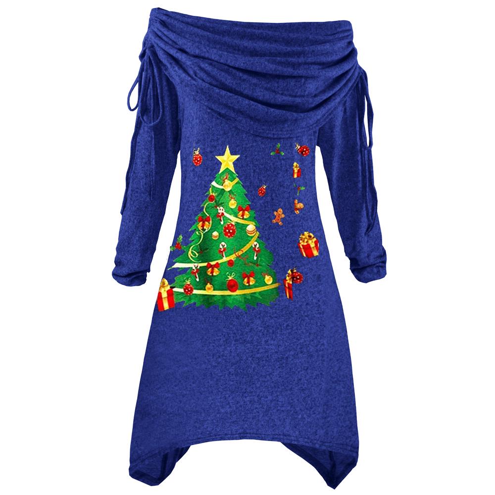 

Large size women s long-sleeved Christmas tree print pleated collar irregular long drawstring autumn and winter knitted dress XXXL синій