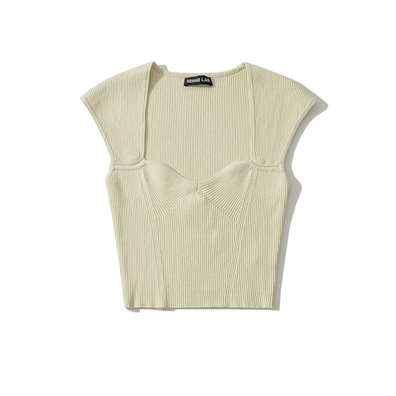 Za2025 Summer New Women clothes Solid Simple Elegant All-Match Heart-Shaped Collar Sleeveless Rib Simple T-shirt Top