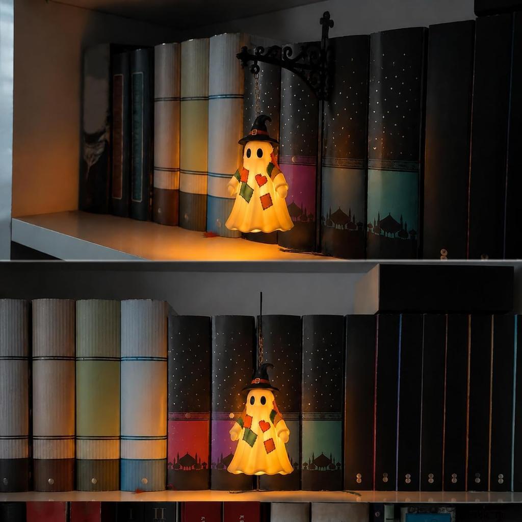 Ghost Bookshelf Lantern Design B - Warm LED Book Light Vintage Halloween Decor for Reading Corners Study Rooms Home Libraries Book Lover Gifts