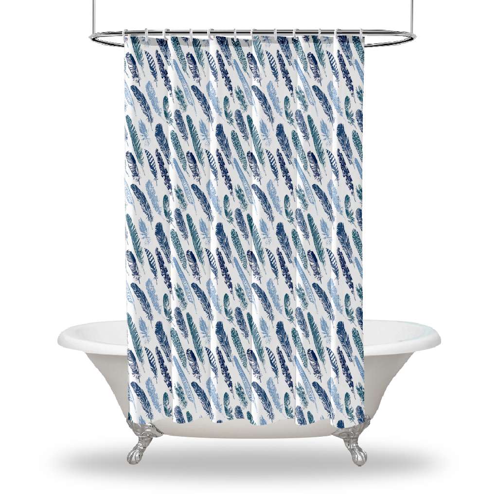 

Душевые занавески с принтом перьев/водонепроницаемые занавески для душа для украшения вашей ванной комнаты — перья птиц, современное декоративное искусство, синий, белый