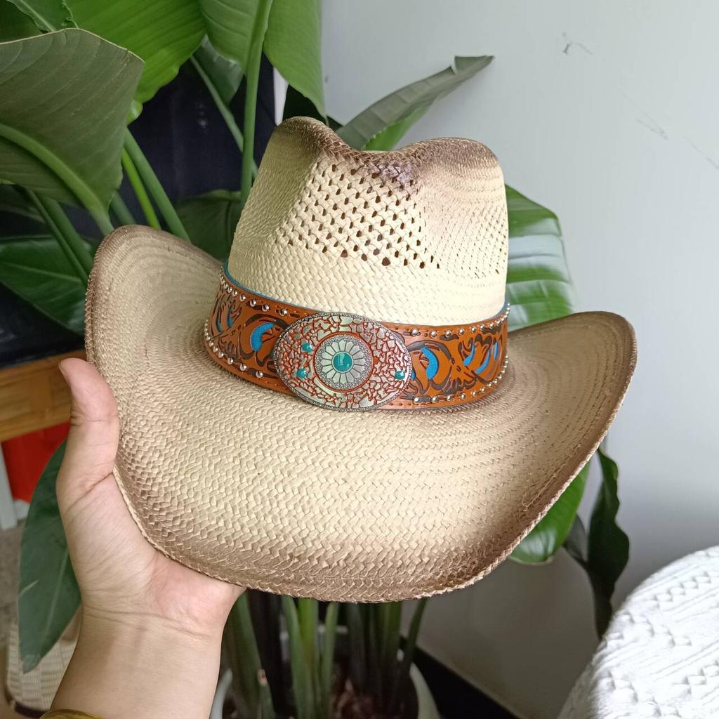 Western cowboy straw hat men and women retro wide-brimmed Cowboy Straw Hat Embroidered Wide Brim chapeau cowboy