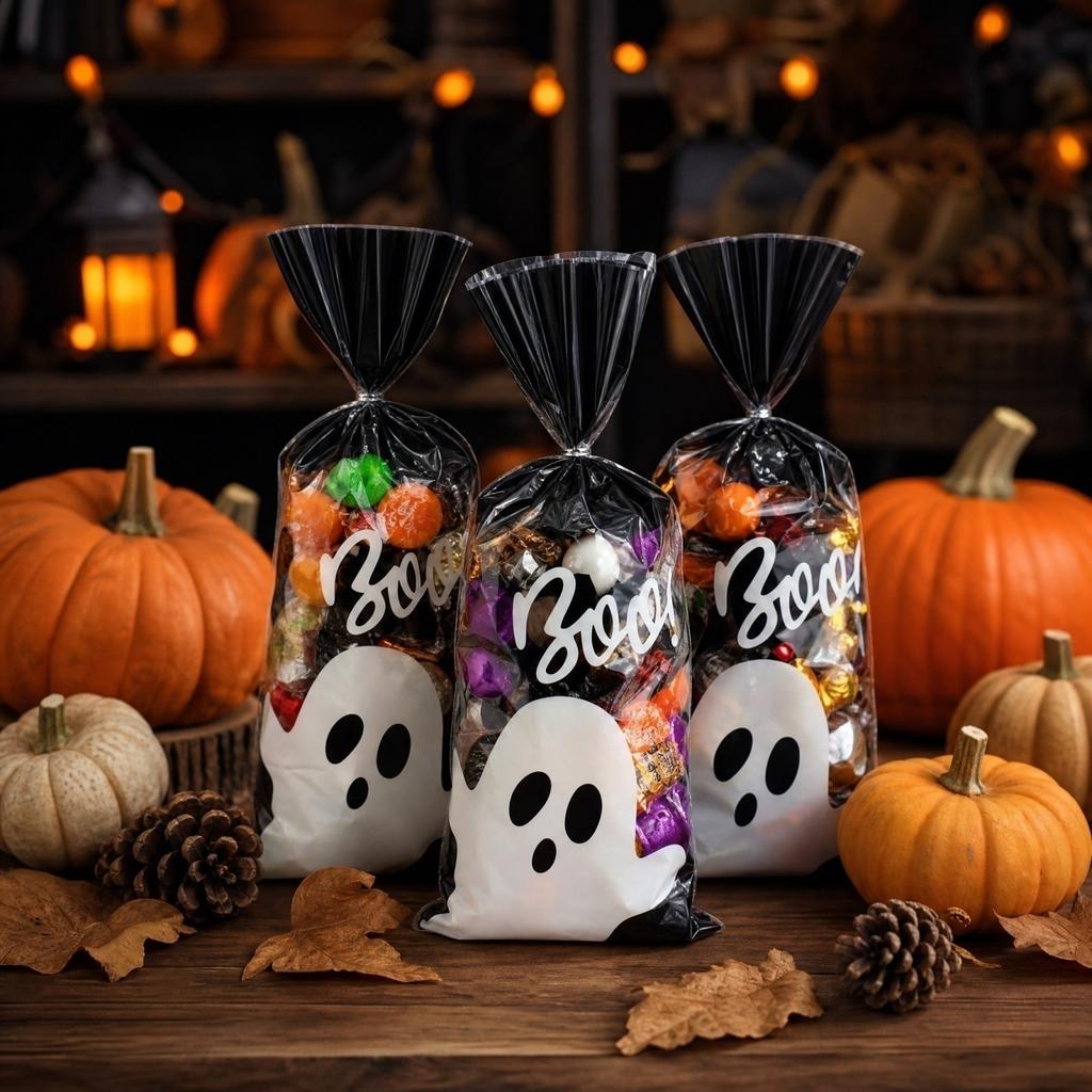 100 Pack Clear Bags with Ties for Halloween Candy and Party Favors