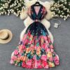 European and American retro dresses women's summer clothes new celebrity temperament waist single-breasted lapel print medium and long dress