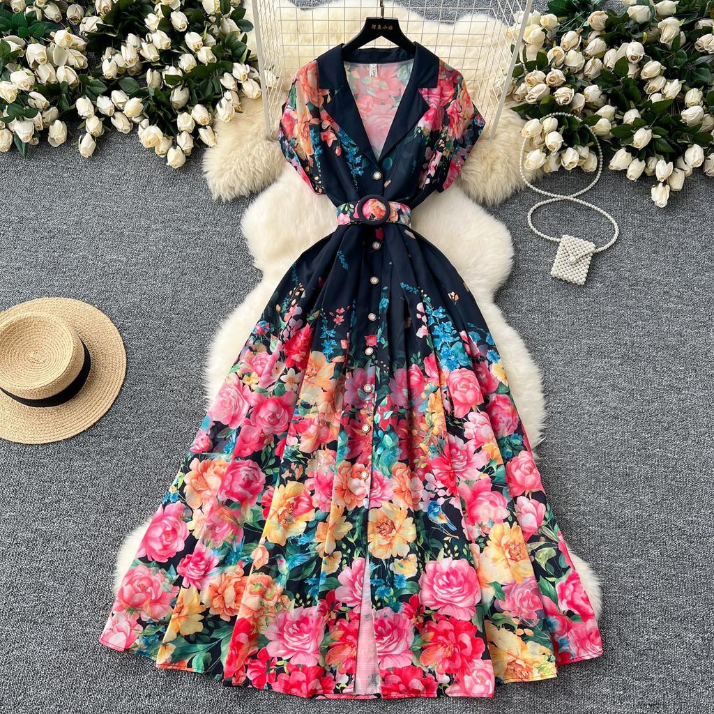 European and American retro dresses women's summer clothes new celebrity temperament waist single-breasted lapel print medium and long dress