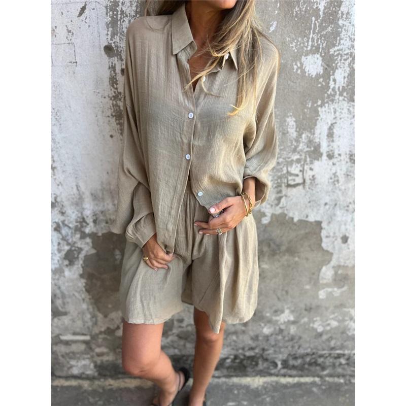 Women's shorts suit casual solid color cotton linen long sleeve wrinkle shirt and shorts two-piece set