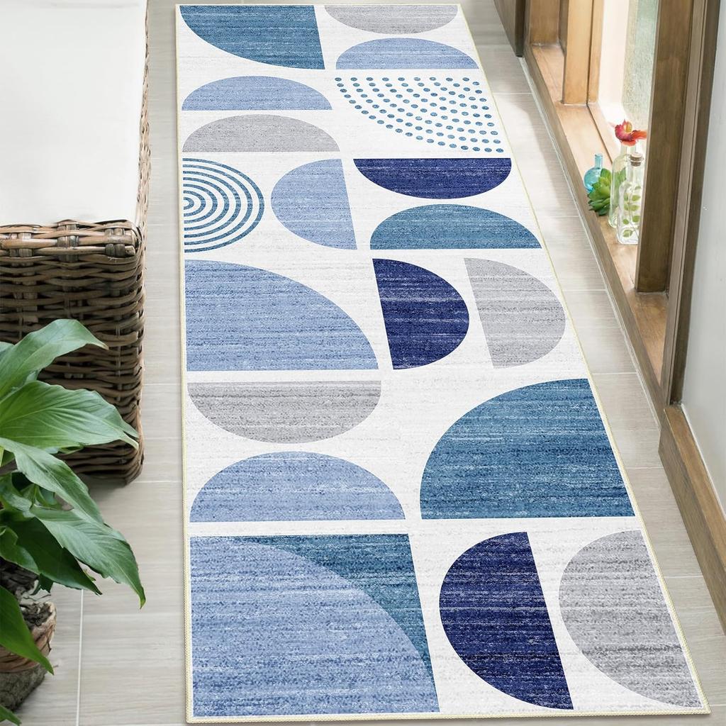 Minimalist Geometric Hallway Rug - Non-Slip Washable Kitchen Runner, Semi-Circle & Stripe Floor Mat for Mid-Century Home Decor