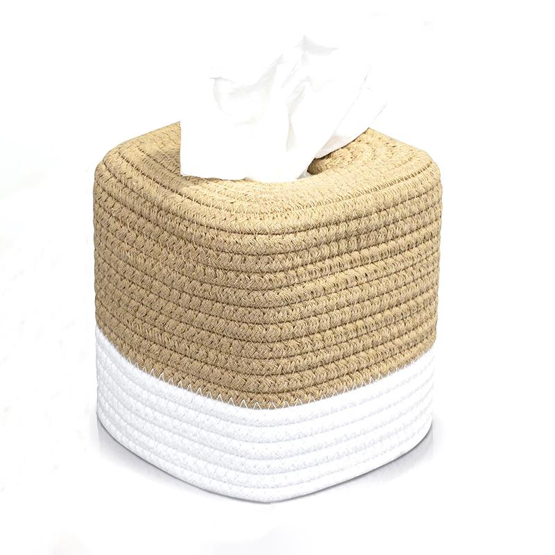 1pc Cotton Thread Tissue Box Square Desktop Napkin Decorative Box Multi-functional Hand-woven Storage Basket Tissue Storage Box