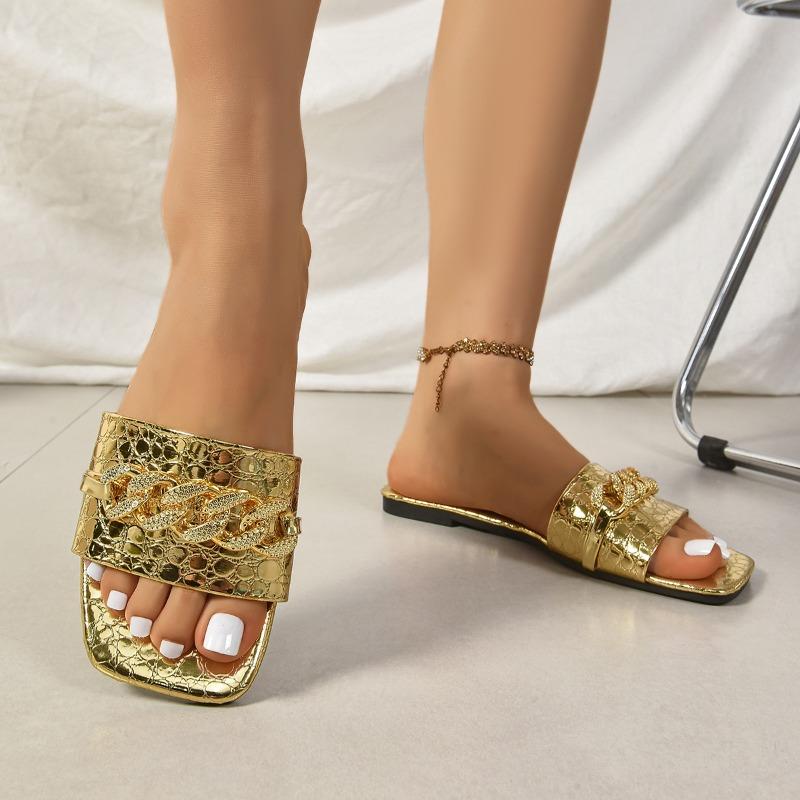 Fashion Plus Size Slippers Summer New Square Toe Open Toe Metal Chain Soft Slip Non-Slip Wear-Resistant Cool Mopping