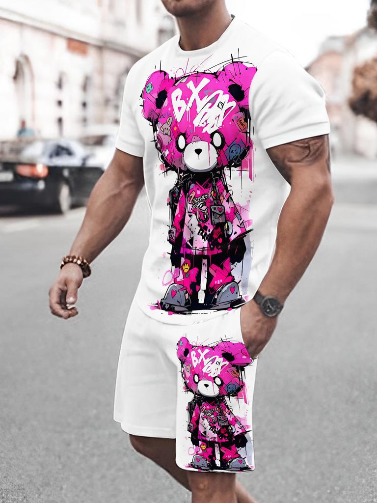 Summer Men's Fashion Casual Sports Set Loose-Fit Trendy Doll Graffiti Print Crew Neck Short Sleeve Two-Piece Set with Shorts