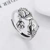 Adjustable Sterling Koi Fish Ring With Lotus Motif Vintage Bohemian Finger Women Men