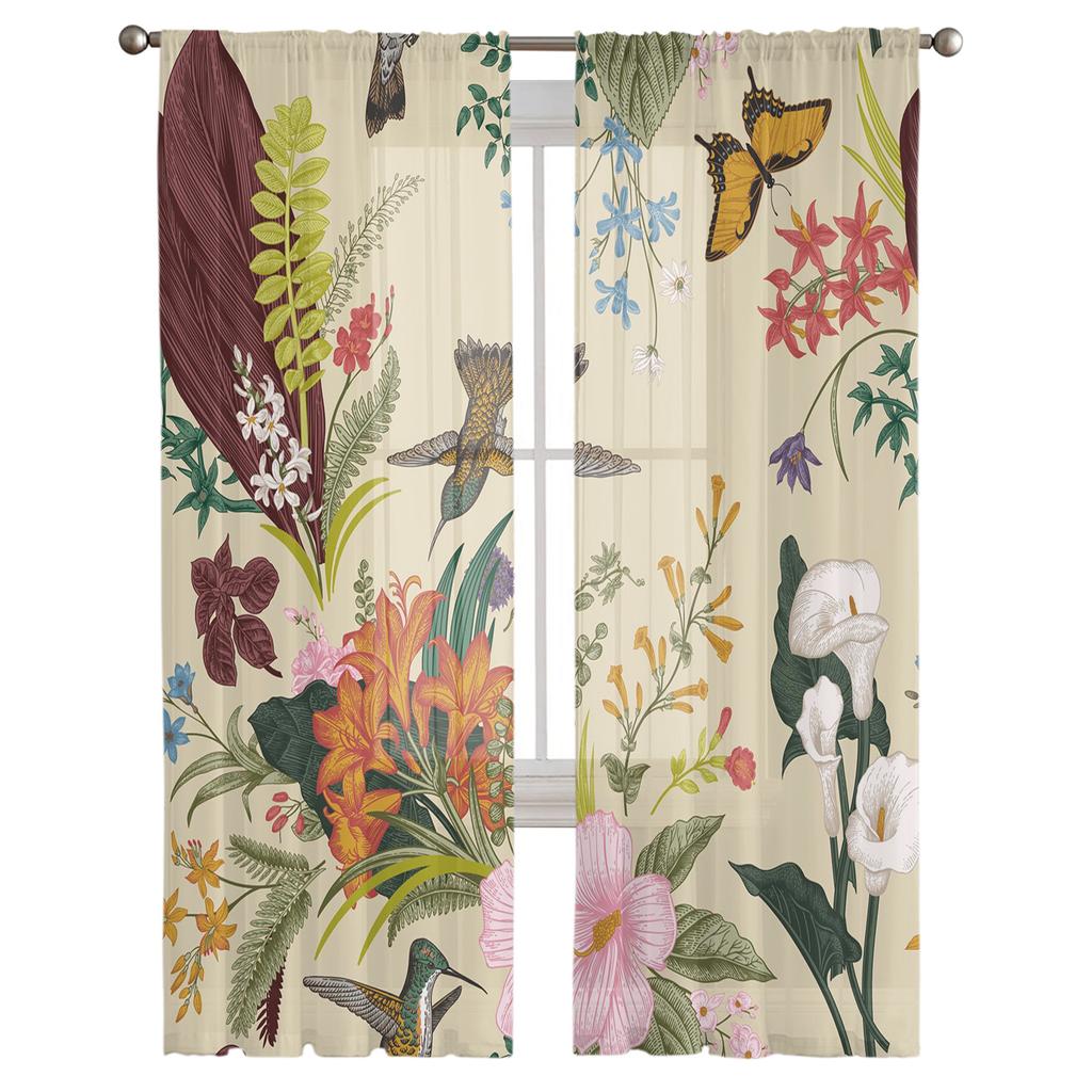 Květiny Ptáci Motýl Retro styl Tyl Průsvitné Okenní Závěsy do obývacího pokoje Ložnice Moderní Voál Závěsy Organza Závěsy