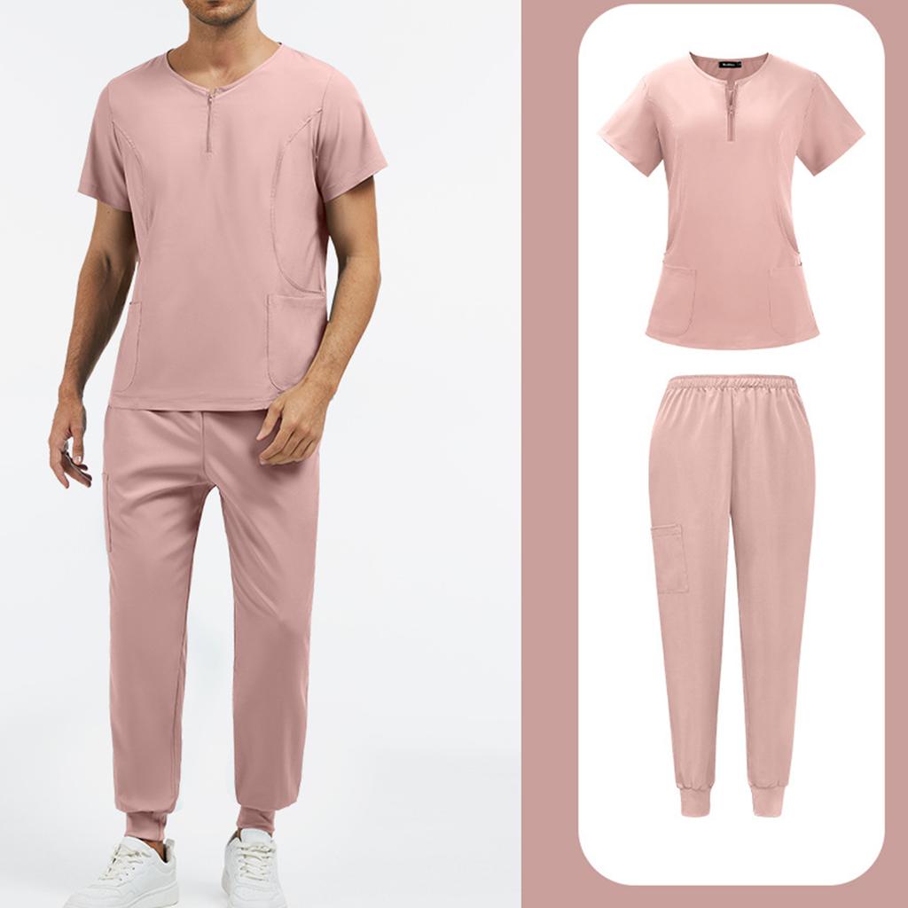 Zweiteiliges Set Peeling-Uniformen für Damen Kurzarm-Oberteil mit Reißverschluss und Hose mit elastischem Bund und Taschen