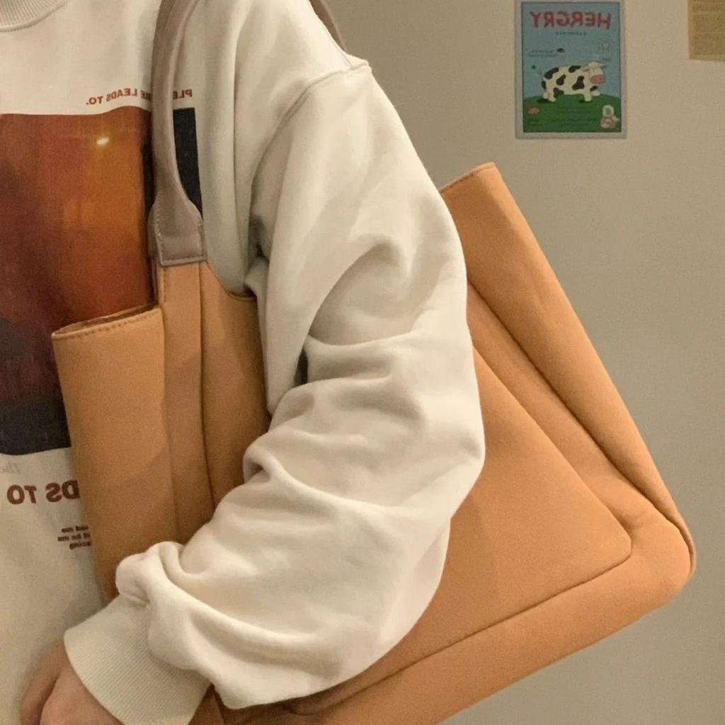 Korean Solid Color Simple Tote Bag Women Patchwork Canvas Large Capacity Handbag Ladies Commute Versatile Shoulder Underarm Bags