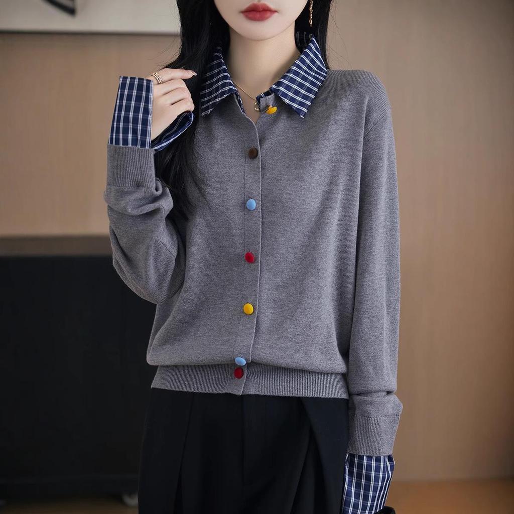 Women's Plaid Color Block Knit Cardigan Sweater - Early Spring Collection