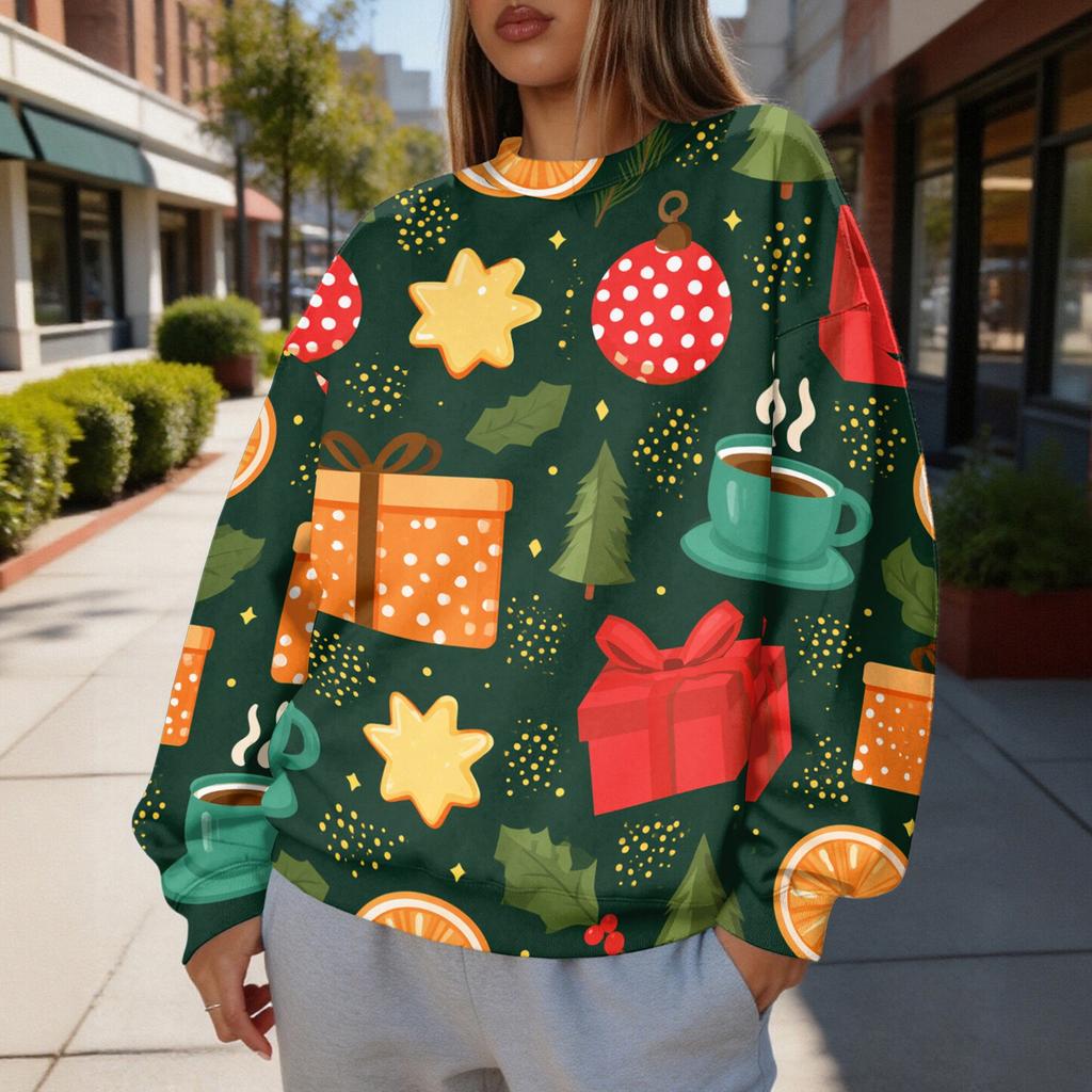 Women's Trendy Christmas Print Crewneck Sweatshirt Lightweight Casual Pullover Top