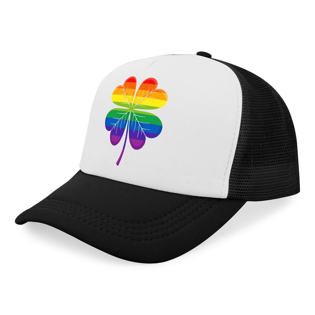Rainbow Four Leaf Clover Trucker Hat Pride LGBTQ Casual Adjustable Mesh Baseball Cap