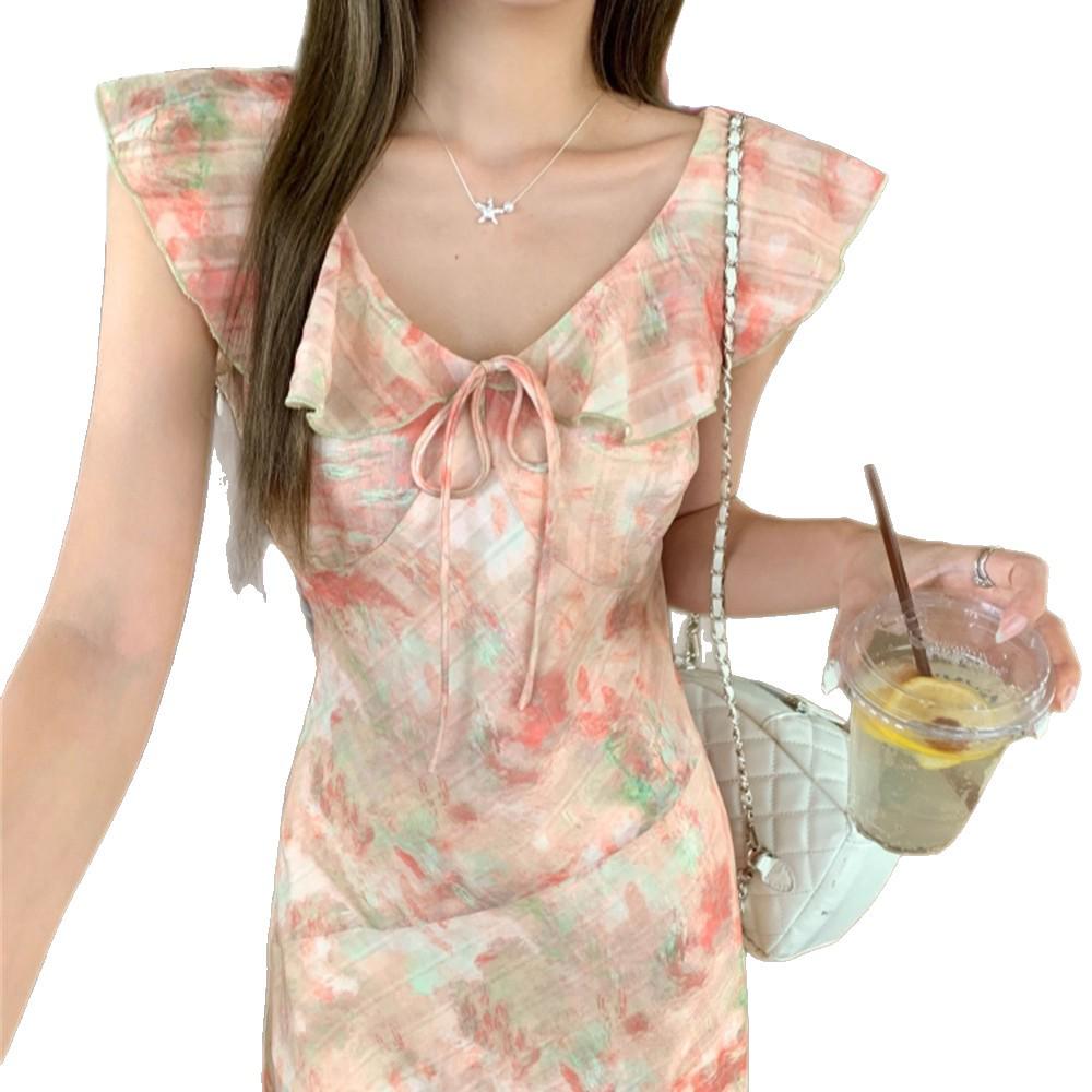 2026 Summer Pink Floral Ruffle Dress with Flutter Sleeves for Women