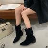 Heel braided strap stacking boots autumn and winter matte suede western boots retro pointed mid tube knight boots