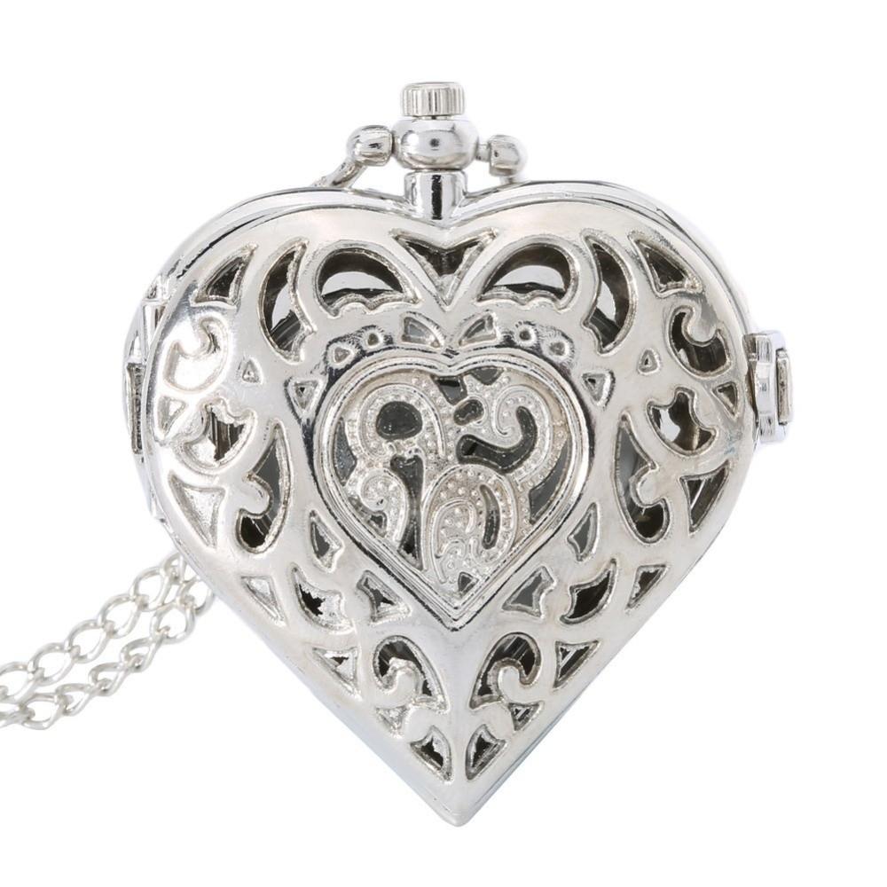 Heart Shape Pocket Watch Quartz Pendant Watch Stylish Necklace Clock  Fashion Accessories серебряный