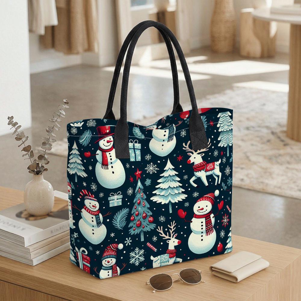 Christmas Snowman Print Casual Tote Bag Fashion Large Capacity Shoulder Handbag for Daily Use