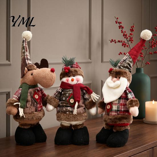 Holiday Tabletop Ornaments for Home Christmas Retractable Leg Plush Doll, Santa Snowman Elk Figures with Soft Fabric Collectibles Adjustable Long Legs