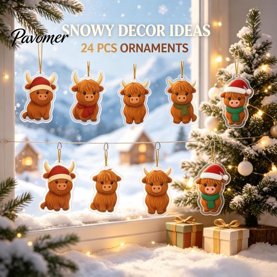 Decorative Acrylic Charms Highland Cow Christmas Advent Calendar with 24 Ornaments, Festive Countdown Unique Decorations Box for Holiday Tree Hanging