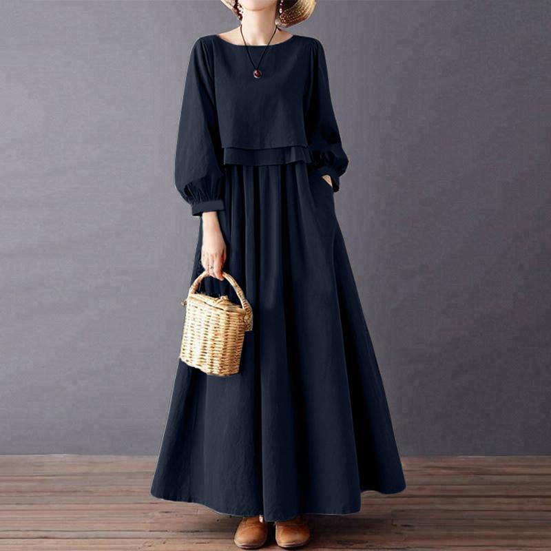 

ZANZEA Женское повседневное платье с круглым вырезом, свободного кроя, однотонное, с длинным рукавом 5XL