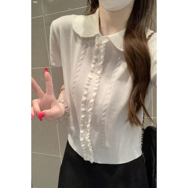 Sweet Wooden Ear Sleeve Short-Sleeved Knitted T-Shirt for Women - Summer New Design - Casual and Versatile Baby-Style Top