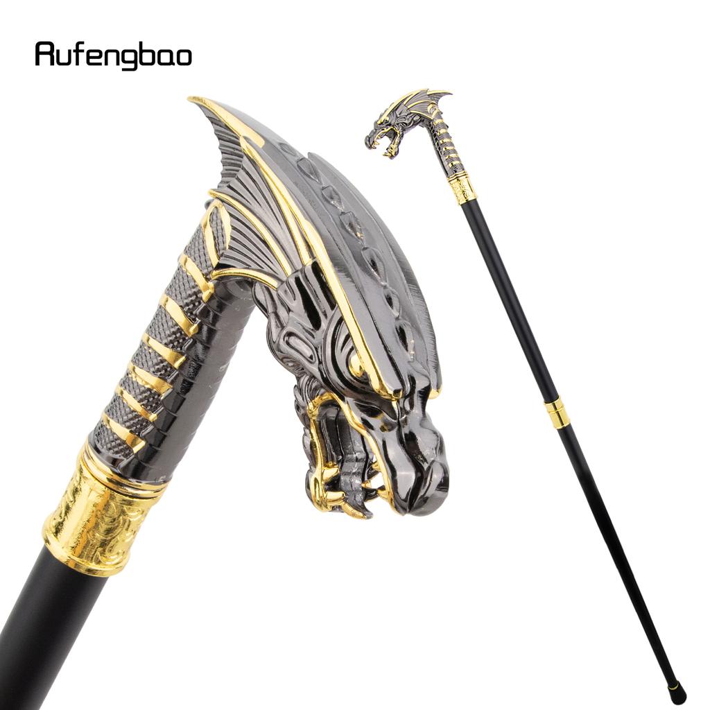 Golden Black Dragon Head Walking Cane Fashion Decorative Walking Stick Cosplay Cane Knob Crosier Performance Stage Cane 93cm