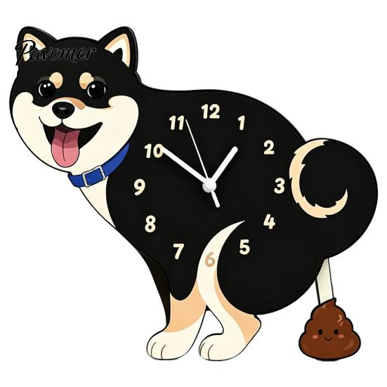 Easy Setup Wall Clock Pooping Dog Clock, Wooden with Swinging Pendulum, Silent Non Ticking Pet Lover for Living Room Home Office, Gift