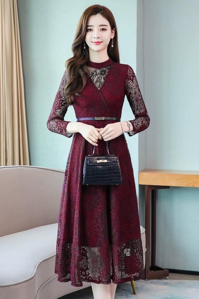 Long Midi Perfect for Party and Formal Beautiful [Chubikime] Women's All-Lace Dress, Sleeves, Length, A-Line, Lined, Belted, Slimming, Weddings,