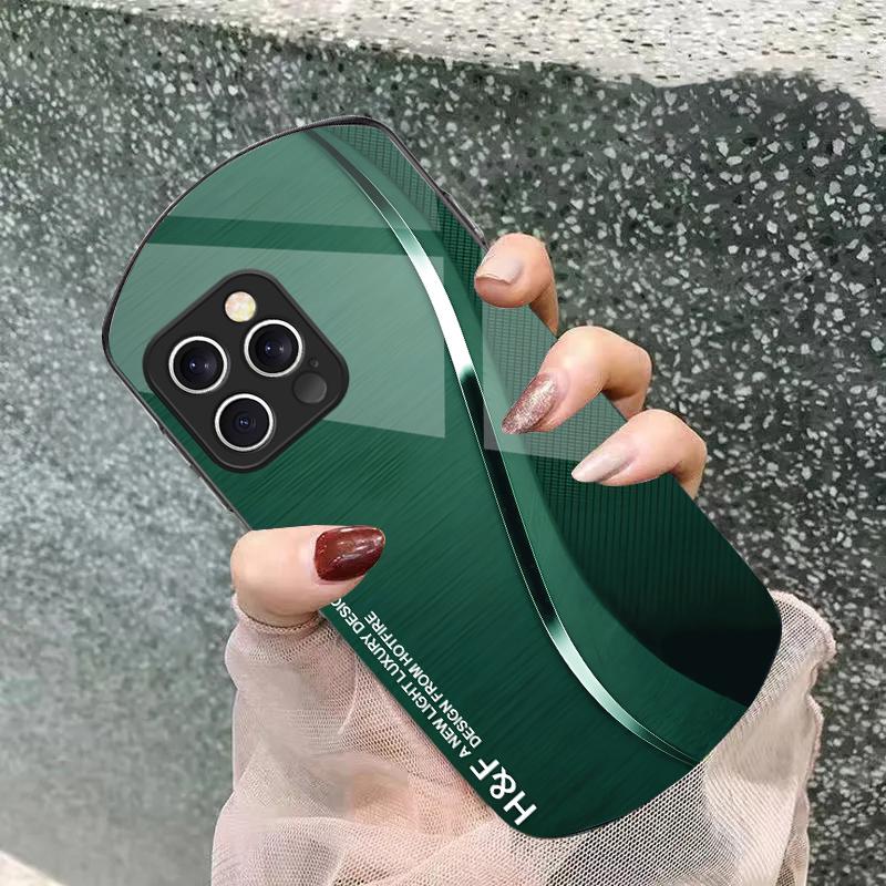 Green gradient silk For iPhone 16 15 14 13 Plus 12 mini 11 Pro Max XR Xs X 7 8 6 6S 2022 Elliptical Tempered Glass Phone Case