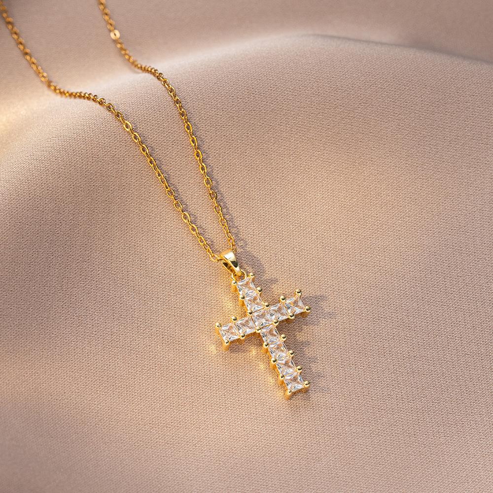 Stainless Steel Chain Fashion Luxury Zircon Cross Pendant Necklaces for Women Men Cool Gold Silver Color Cross Jewelry Gifts