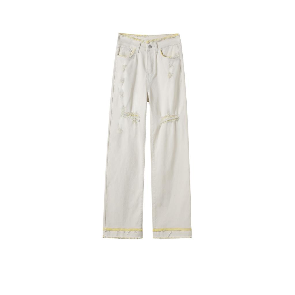 Dámské letní tenké nové volné zpevněné rovné široké džíny s vysokým pasem a zeštíhlujícím roztrhaným efektem