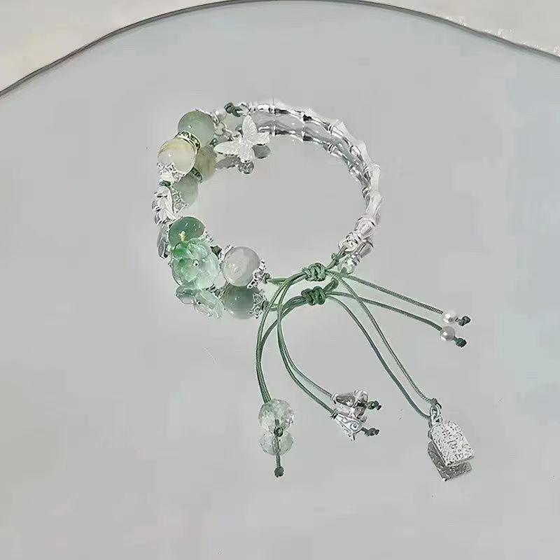 Chinese Style Jewelry Lucky Beads Weaving Alloy Bracelet Pendant Chain Glass Bead Butterfly Bracelet Charm Stretchable Wristband